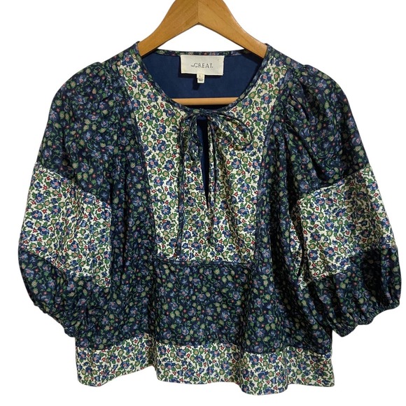 THE GREAT Maiden Floral Patchwork Corduroy Peasant Blouse Cottagecore Size 0/XS - Picture 2 of 13